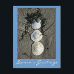 Cartão Postal De Festividades Beach Snowman<br><div class="desc">Cartão postal com foto de boneco de neve feito de dólares de areia e outros objetos de praia. O texto personalizável diz "Saudações da Estação"</div>