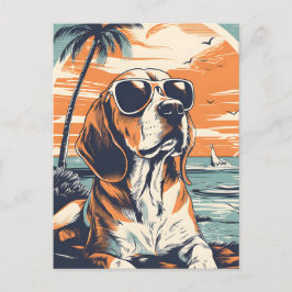 Cartão Postal De Festividades Beagle com óculos escuros em uma praia