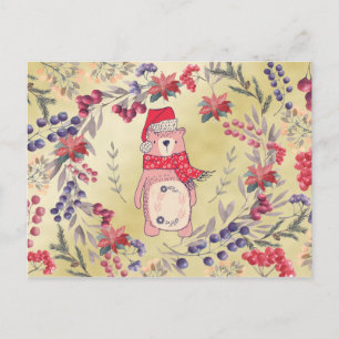 Cartão Postal De Festividades Bear d'água do Natal Berries Dourado