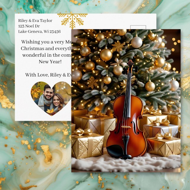 Cartão Postal De Festividades Beautiful Christmas Tree and Violin Festive Poem (Criador carregado)