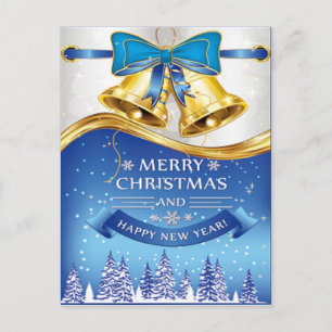 Cartão Postal De Festividades Beautiful Golden Christmas Bells with Blue Bow
