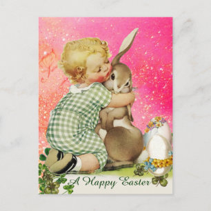 CARTÃO POSTAL DE FESTIVIDADES BEBÊ ABRAÇANDO BUNNY LESTE EM PINK FUCHSIA