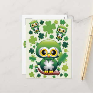 Cartão Postal De Festividades Bebê Coruja Fofo Cartoon Dia de São Patrício