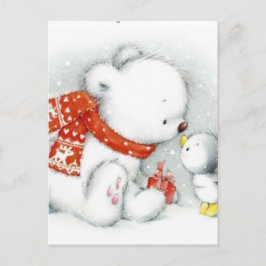 Cartão Postal De Festividades Bebê de Natal Urso Polar Beijando Pássaro