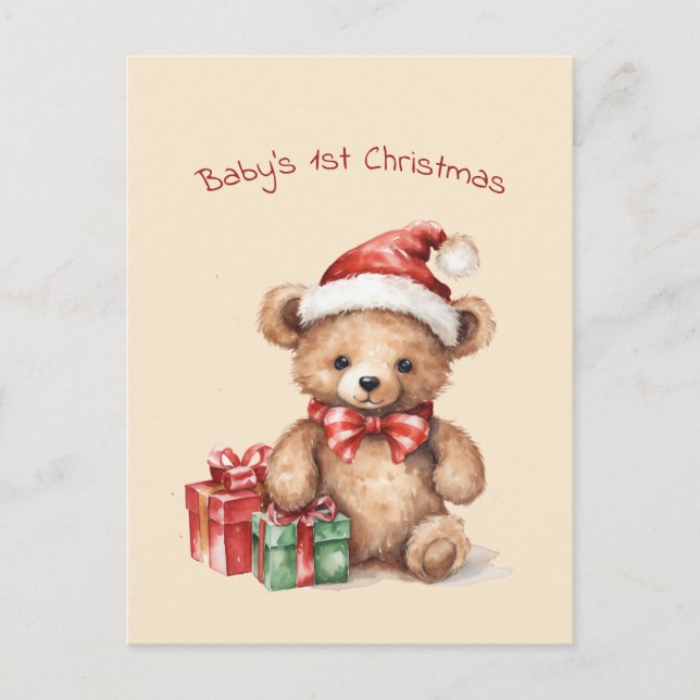 Cartão Postal De Festividades Bebê Urso Primeiro Cartão de Férias de Natal (Frente)