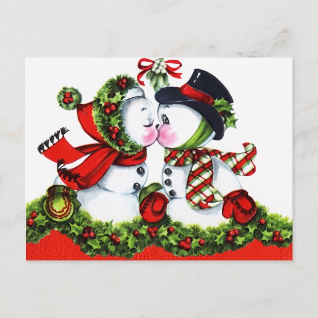 Cartão Postal De Festividades Beijando Casal de Snowman (Frente)