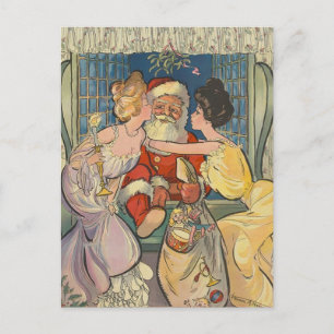 Cartão Postal De Festividades Beijando Natais vintages do Papai Noel