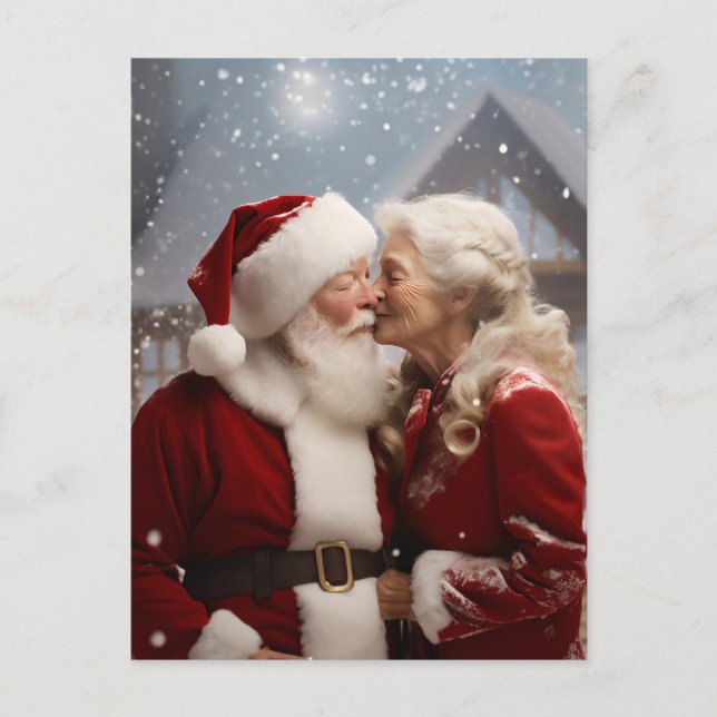Cartão Postal De Festividades Beijando o Sr. e a Sra. Papai Noel (Frente)
