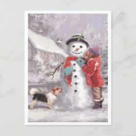 Cartão Postal De Festividades Beijando um Boneco de Neve de Natal de Inverno