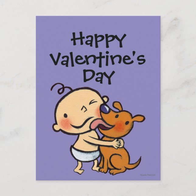 Cartão Postal De Festividades Beijos do filhote de cachorro para o bebê (Frente)