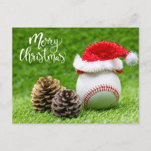 Cartão Postal De Festividades Beisebol Feliz Natal com chapéu de Papai Noel