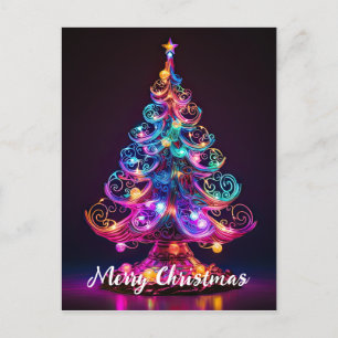 Cartão Postal De Festividades Bela Árvore de Natal Neon Brilhante Feriado
