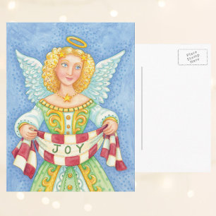 Cartão Postal De Festividades Bela Cartoon de Natal Angel Halo com Joy Banner