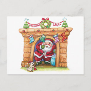 Cartão Postal De Festividades Bela Cartoon Jolly Papai Noel Abaixo Chaminé