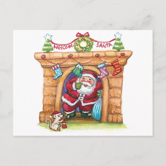 Cartão Postal De Festividades Bela Cartoon Jolly Papai Noel Abaixo Chaminé (Frente)