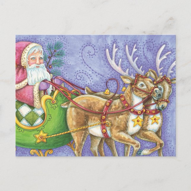 Cartão Postal De Festividades Bela Cartoon Natal Papai Noel Sleigh Reindeer (Frente)