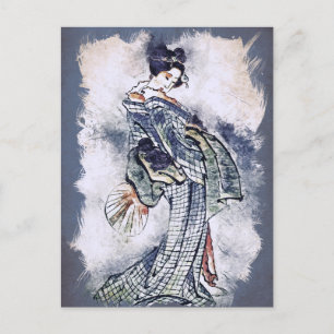 Cartão Postal De Festividades Bela Geisha em Kimono Arte em Aquarela Vintage