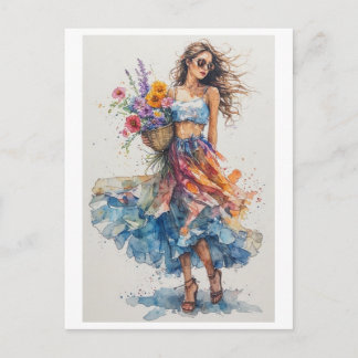 Cartão Postal De Festividades Bela Jovem Senhora carregando Flores em um