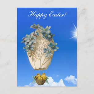 Cartão Postal De Festividades Bela Páscoa - céu, pintinhos voadores e flores