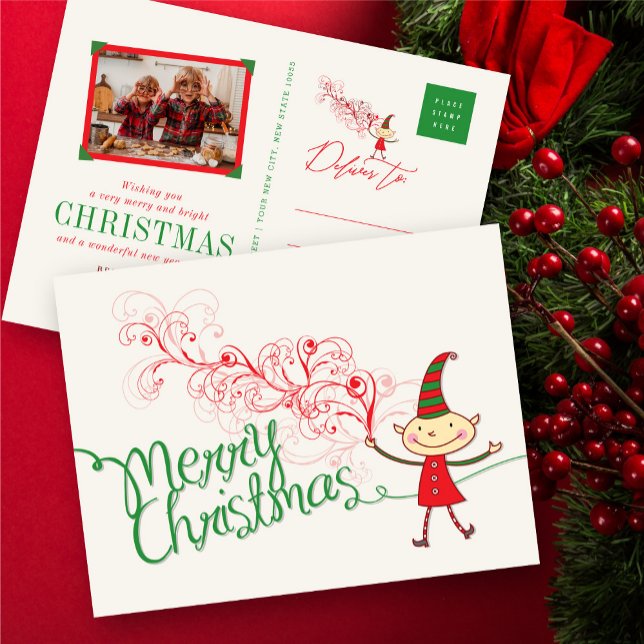 Cartão Postal De Festividades Belo Cartoon Elf e Swirls Magia Feliz Natal (Criador carregado)