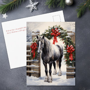 Cartão Postal De Festividades Belo Cavalo de Cinza com o Natal da Garland de inv