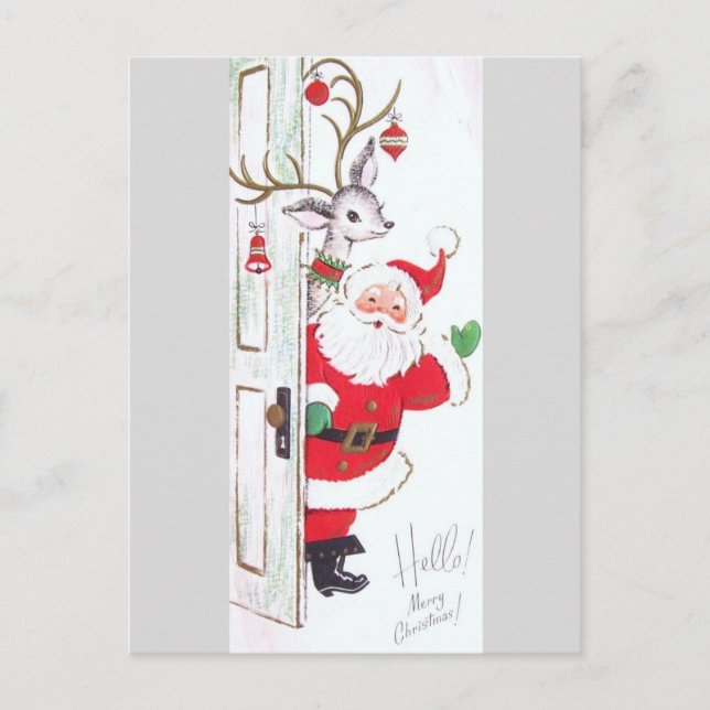 Cartão Postal De Festividades Belos Papais noeis de Meio século e Reindeer (Frente)