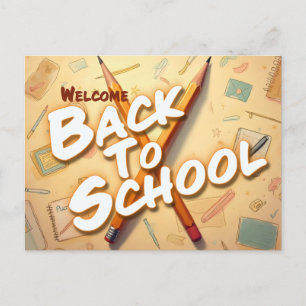 Cartão Postal De Festividades Bem-vindo de volta à escola - Design de Arte Lápis