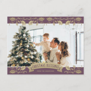 Cartão Postal De Festividades Bênçãos de Natal em Ouro Roxo Foto Cristã