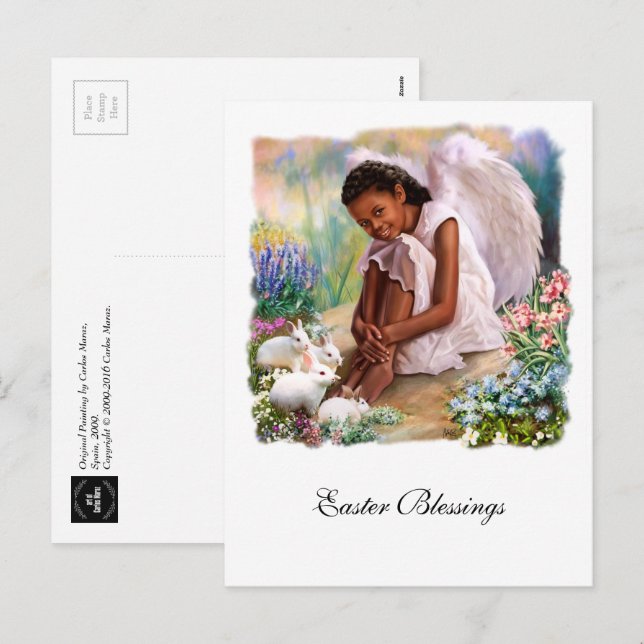 Cartão Postal De Festividades Bênçãos páscoas. Little Angel com Bunnies (Frente/Verso)