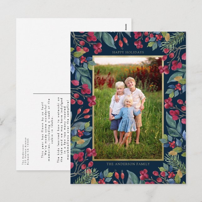 Cartão Postal De Festividades Berries Pines Gold Foil Natal (Frente/Verso)