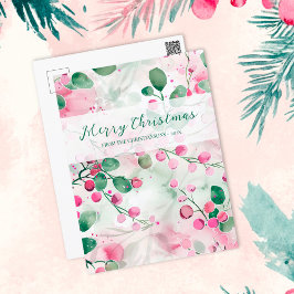 Cartão Postal De Festividades Berries Rosa Elegante Natal Floral