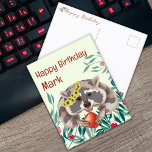 Cartão Postal De Festividades Bicicleta de maçã Feliz Aniversário<br><div class="desc">Um guaxinim bonito com maçã. Feliz aniversário. Personalizado</div>