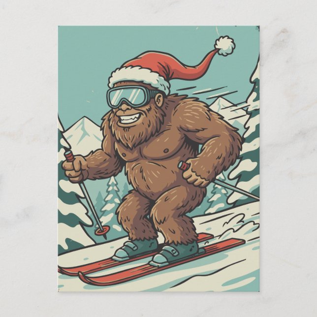 Cartão Postal De Festividades Bigfoot Sasquatch Christmas Skiing Winter Sport (Frente)