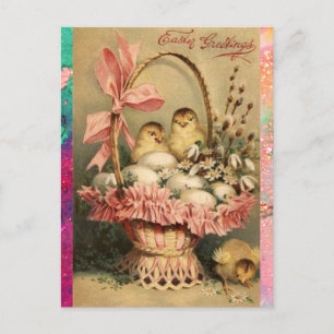 CARTÃO POSTAL DE FESTIVIDADES BILHETE ELEGANTE, GALINHAS, FLORES E OVOS LESTE