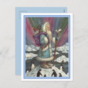 CARTÃO POSTAL DE FESTIVIDADES BINTEIRA AZUL, LUZES DE NORTE E PINGUINAS