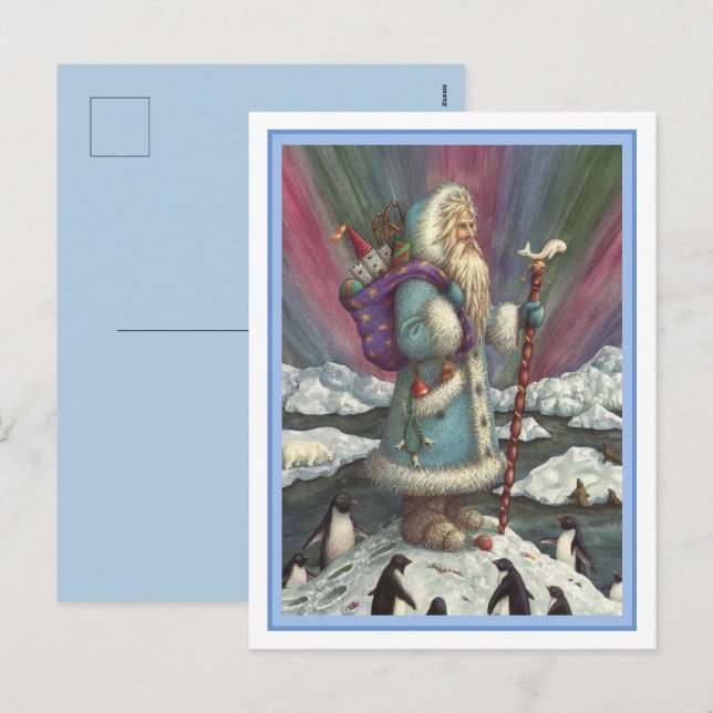 CARTÃO POSTAL DE FESTIVIDADES BINTEIRA AZUL, LUZES DE NORTE E PINGUINAS (Frente/Verso)