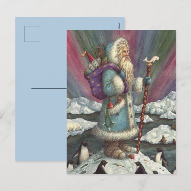 CARTÃO POSTAL DE FESTIVIDADES BINTEIRA AZUL, LUZES DE NORTE E PINGUINAS (Frente/Verso)