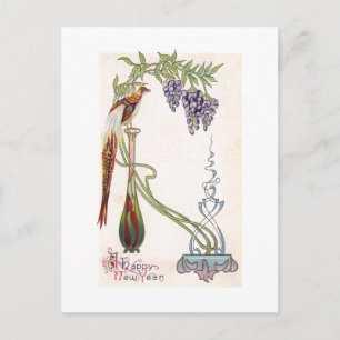Cartão Postal De Festividades Bird, Vase e Wisteria Art Nouveau Ano Novo