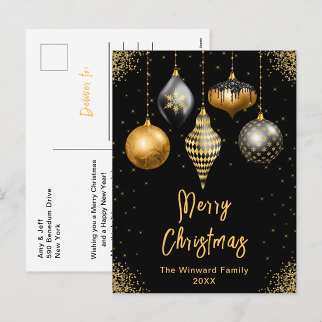 Cartão Postal De Festividades Black and Gold Ornaments Merry Christmas (Frente/Verso)