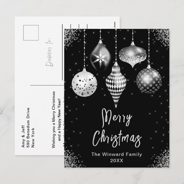 Cartão Postal De Festividades Black and Silver Ornaments Merry Christmas (Frente/Verso)
