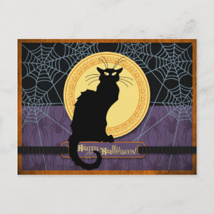 Cartão Postal De Festividades Black Cat and Spider Webs na Noite de Halloween