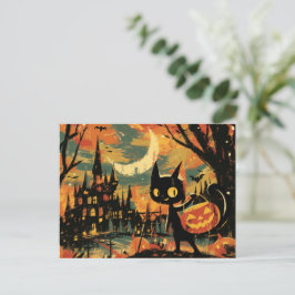 Cartão Postal De Festividades Black Cat with Pumpkin Bucket by the Castle