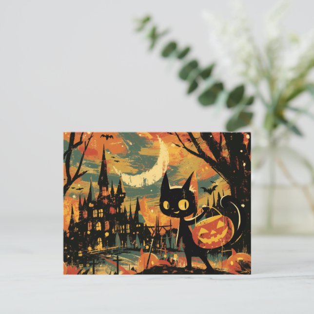 Cartão Postal De Festividades Black Cat with Pumpkin Bucket by the Castle (Em pé/Frente)