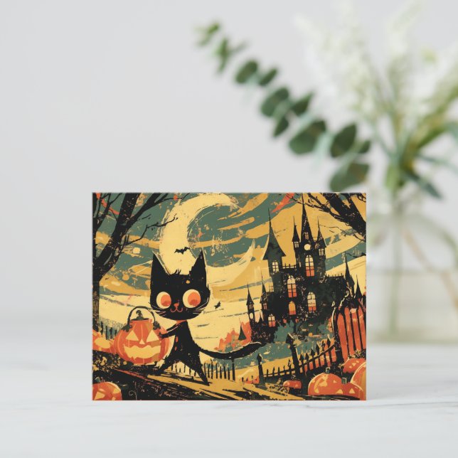 Cartão Postal De Festividades Black Cat with Pumpkin Bucket by the Castle (Em pé/Frente)