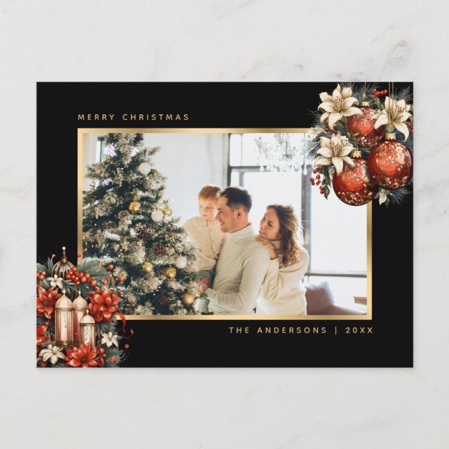 Cartão Postal De Festividades Black Gold Ornaments Botanical Photo Christmas (Frente)