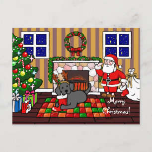 Cartão Postal De Festividades Black Labrador e Cartoon de Natal de Papais noeis