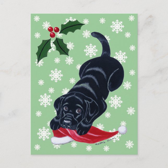 Cartão Postal De Festividades Black Labrador Puppy e Papai Noel no Natal (Frente)