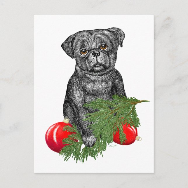 Cartão Postal De Festividades Black Pug Puppy Adorável Arte De Natal (Frente)
