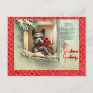 Cartão Postal De Festividades Black Scottie Dog in Window Red