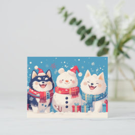 Cartão Postal De Festividades Black Shiba Inu and Samoyed dog with Snowman